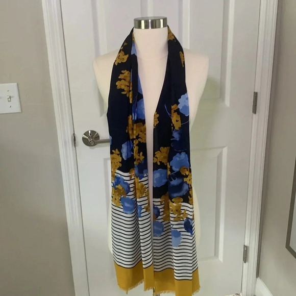 Talbots scarf- navy and white stripes with gold and blue floral accents - Picture 2 of 4